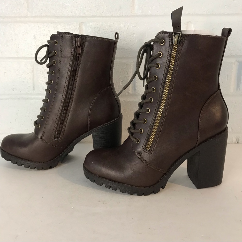Soda Chunky High Heel Combat Military Riding Boot Booties Brown MALIA women Sz 7